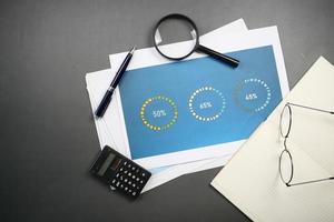 financial graph, calculator and notepad on table photo