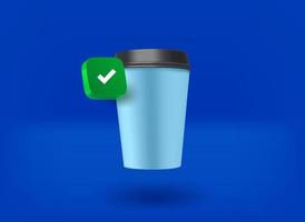Paper cup with green checkmark icon. 3d vector illustration