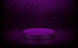 Dusk purple studio with round platform and shadows of leaves, . 3d vector illustration