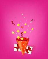 Holiday concept with confetti. 3d vector banner with copy space