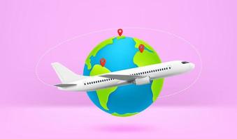 Travel concept with the Earth, airplane and pins. Vector 3d illustration