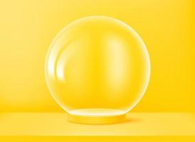 Yellow showcase with transparent glass sphere. 3d vector presentation mockup