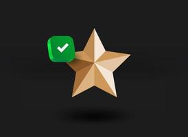 Golden rating star with checkmark icon. 3d vector illustration