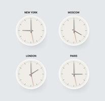 Different time in world cities. 3d vector clipart isolated on white