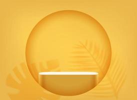 Realistic yellow showcase with podium in a round hole of the wall. 3d vector mockup with shadow overlay effect