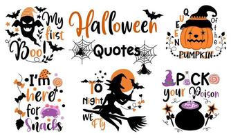 Halloween quotes set designed in doodle style in black and orange tones on white background for Halloween themed decorations, t-shirt design,  bags patterns, mugs, fabric patterns, T-shirts designs