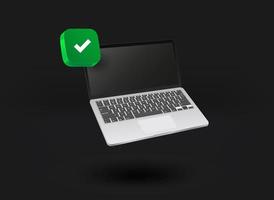 Modern laptop with checkmark icon. 3d vector illustration