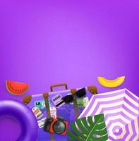 banner de viaje con bolsa violeta y accesorios de verano. Banner de vector 3d con espacio de copia