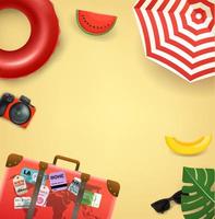 banner de viaje con bolsa roja y accesorios de verano. Banner de vector 3d con espacio de copia