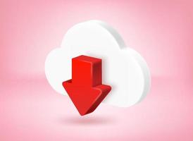 White cloud with red arrow. Downloading data concept. 3d vector illustration