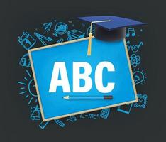 Schooll chalkboard with education accessories. 3d vector illustration