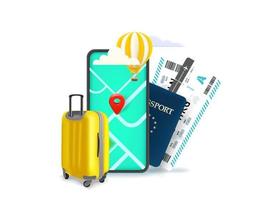 Season vacation concept with smartphone and other stuff. 3d vector illustration