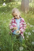 Image of pretty little girl sitting on dandelions field photo