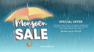 Monsoon sale banner with 3d text and realistic rain vector