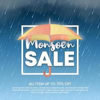 banner de venta de monzón con lluvia realista y paraguas vector