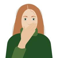 Portrait image of a girl who covered her mouth with her hand in horror, a flat vector, isolate on a white background, a red-haired girl in a green sweater vector