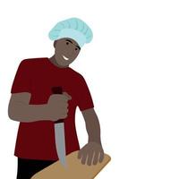 retrato de un hombre negro con sombrero de chef y con un gran cuchillo de cocina en la mano, aislado en blanco, vector plano, el tipo cocina