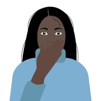 Portrait image of a black girl who covered her mouth with her hand in horror, a flat vector, isolate on a white background, a girl in a blue sweater vector