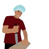 retrato de un indio con sombrero de chef y con un gran cuchillo de cocina en la mano, aislado en blanco, vector plano, el tipo cocina