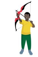 Full length portrait of a black boy about to shoot a bow, flat vector, isolate on white background vector