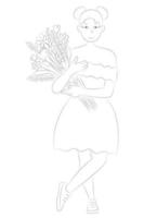 Sketch portrait of a cartoon cute girl who stands with a bouquet of flowers in her hands, isolated on white, flat vector, summer picture vector