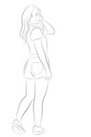 Sketch portrait of cartoon cute girl who looked back, flat vector, isolate on white background vector