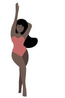 Overweight cartoon black girl portrait, girl in swimsuit, isolate on white, flat vector, girl stands with one hand up vector