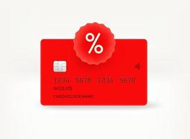 Plastic banking card with discount label. 3d vector illustration