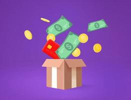 Currency flying out the box. Vector 3d illustration