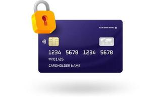 Plastic bank card with lock icon isolated on white. 3d vector illustration