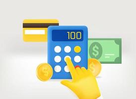 Calculator witn coins, card and banknote. 3d vector illustration