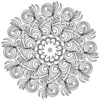 Contour zen mandala with fantasy patterns in the form of spiral seashells, antistress coloring page in the form of a round frame with curls vector