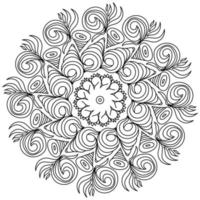 Contour zen mandala with fantasy patterns in the form of spiral seashells, antistress coloring page in the form of a round frame with curls vector