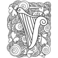 Coloring page with harp for St Patricks day, ornate patterns and clover for festive activity vector