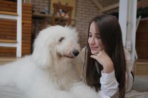 Girl Pet owner hugging with dog puppy. Happy Human female and cute funny dog lying on floor together photo