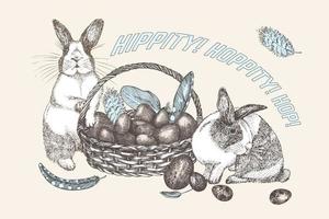 Bunnies and Easter eggs basket. Birds Feathers. Engraved vintage style. Greeting card. Line art ester rabbit Decoration design. Happy holiday folkstyle banner. Hippity Hoppity Hop Vector. vector