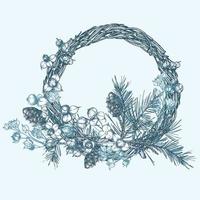 Hand-drawn sketch winter wreath with pine cones, berries, branches, leaves in engraving style. Vintage floristic door wreath. Christmas retro decor Wedding graphic frame Hello, fall. Vector. vector