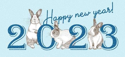 2023 year of hare holiday banner White rabbit with black spots around the eyes. Chinese New Year Symbol. New year greeting card in blue color. Hand drawn Enaving sketch. Vector