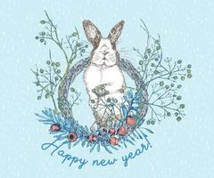 White rabbit with black spots around the eyes. Chinese New Year Symbol Hare. Seating bunny in christmas wreath. New year greeting card in bluecolor. Hand drawn Enaving sketch. Vector