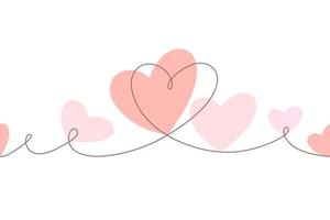 Love heart continuous line drawing whith red pink shape. Seamless garland. Black isolated linear template. Comic Doodle concept design Outline simple border for social media, web dialog chat. vector