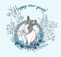 conejo blanco con manchas negras alrededor de los ojos. liebre de símbolo de año nuevo chino. conejito de asientos en corona de navidad. tarjeta de felicitación de año nuevo en color azul. boceto de grabado dibujado a mano. vector