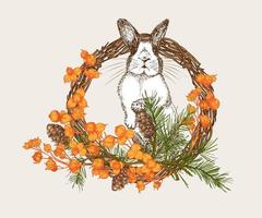White rabbit with black spots around the eyes. Chinese New Year Symbol Hare. Seating bunny in christmas wreath. New year greeting card in warm color. Hand drawn Enaving sketch. Vector