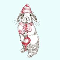 Hand drawn rabbit in red winter hat, scarf. Bunny symbol Chinese New Year 2023. Christmas decort. Tattoo art. Black and white sketch engraving style design. Vector