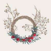 Hand-drawn sketch autumn wreath with yew tree, berries, branches, leaves in engraving style. Vintage floristic door wreath. Thanksgiving retro decor Wedding graphic frame Hello, fall. Vector. vector