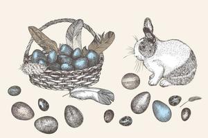 Bunny and Easter eggs basket. Birds Feathers. Engraved vintage style. Greeting card. Line art ester rabbit Decoration design. Happy holiday folkstyle banner. Hippity Hoppity Hop Vector. vector