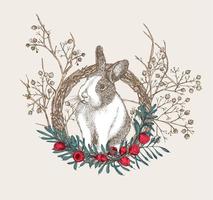 White rabbit with black spots around the eyes. Chinese New Year Symbol Hare. Seating bunny in christmas wreath. New year greeting card in warm color. Hand drawn Enaving sketch. Vector