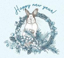 White rabbit with black spots around the eyes. Chinese New Year Symbol Hare. Seating bunny in christmas wreath. New year greeting card in bluecolor. Hand drawn Enaving sketch. Vector