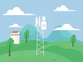 Telecommunication tower with copy space on the field, Digital wireless connection 5G concept vector