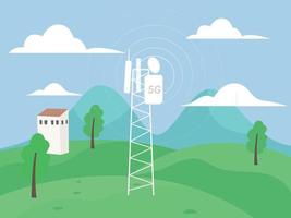 Telecommunication tower with copy space on the field, Digital wireless connection 5G concept vector