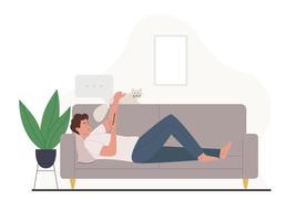 Young man on sofa with smartphone chatting on social media and receiving message vector